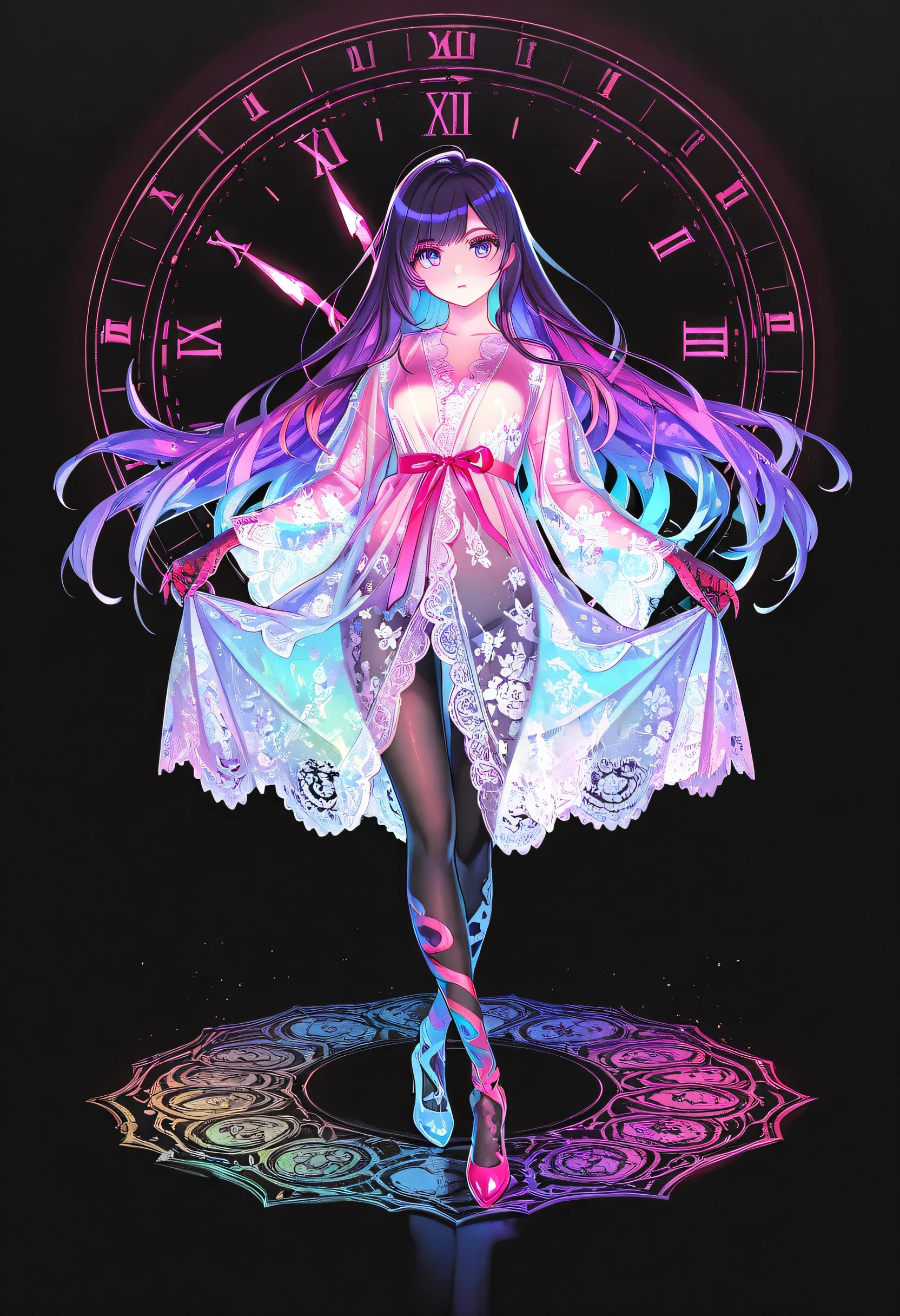 1 Girl、 time traveler ,  Limited Palette  ,  black background ,colorful, bright colors ,Flashing Silhouette ,neon,black light ,clock,  masterpiece,  very beautiful ,Floral Mesh Robe,  Long Sleeve,  see-through, 
（ stand，full body，  high heels:1.7)， Passion Lip, ribbons,  long hair, claw (arms), nail, pantyhose, talons,pink ribbons, purple hair, ribbons, Rainbow Eyes,