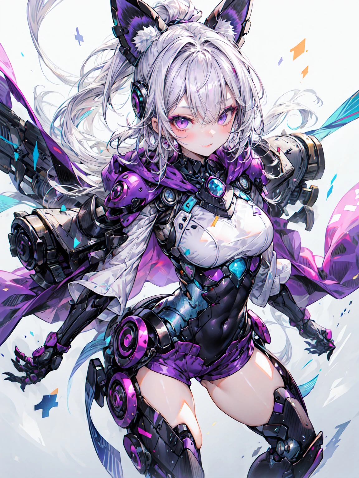 plain simple background,
Image of a female android floating inside a giant transparent glass cylinder filled with clear water. stasis tank、Blake、（Dark Elf), Perfect Face, 優しいsmile、Get used to it, Ahoge, ((Long Hair:1.2)), (Hair above one eye:1.3), [[Messy Hair]], Shiny blonde white hair, Purple eyes, Variegated eyes, Colorful Hair, Shining Eyes, (eyelash, eye shadow, ピンク eye shadow), bright, smile, Design Art：Haruhiko Mikimoto, by Kawashi, By Yoshitaka Amano, 