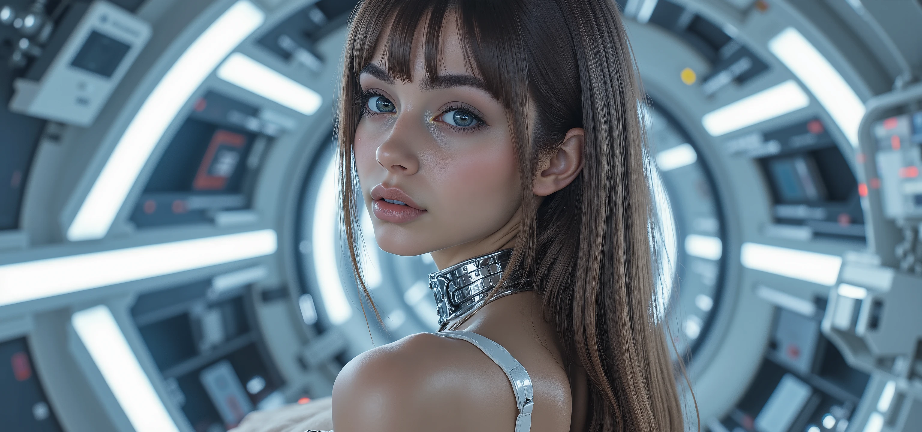 very sharp picture, several beautiful girls,looking at viewer, (( beautiful brazilian model aligned:1.8)),full body view ,(photorealism: 1.4),( hot girl dark brown skin),(complex and realistic skin texture:1.4),dynamic rear view,19years old,insane extremely long blond black hairs fringe, sci-fi,very skinny,very small ass,tight Tight glossy blue white latex combinaison, large cleavage, in a white spaceship ,insane tiny waist and hips,metal large choker, high rise belt, round breast,angelic cute face, white teeth, perfect beauty, perfect eyes render, long eyelashes,large pink lips, (very strong lighting:1.8), hyper realistic and detailed face , blue eyes,(((sharp focus on all bodies:1.8))),
