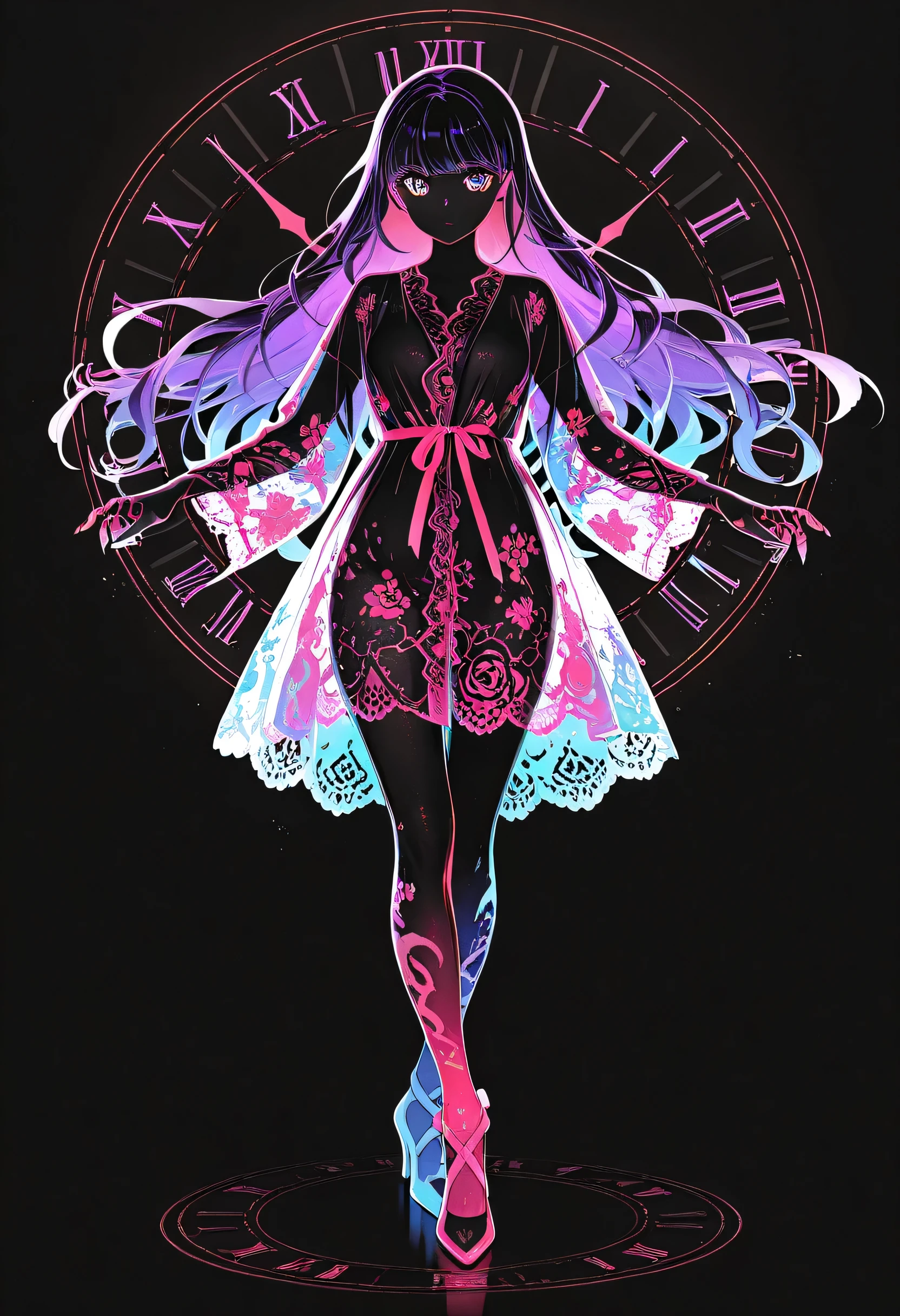 1 Girl、 time traveler , Limited Palette , black background ,colorful, bright colors ,Flashing Silhouette ,neon,black light ,clock, masterpiece, very beautiful ,Floral Mesh Robe, Long Sleeve, see-through,
( stand,full body, high heels:1.7), Passion Lip, ribbons, long hair, claw (arms), nail, pantyhose, talons,pink ribbons, purple hair, ribbons, Rainbow Eyes,