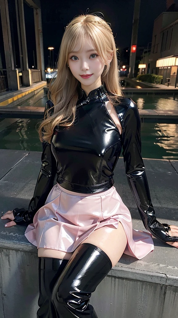luster tight knit shirt, ((latex red tight skirt)), ((latex boots)), Dynamic pose, Below the waist shot, haunting smile, moist lips, irises and pupils are rounded, the pupil reflects the surroundings, eyes are not the same size, hoop earrings, Middle eyes, perfect eyes, watery eyes, thick bangs, Thin legs, high detailed skin, visible pores, large breasts, pink lip make, sleaning against a university building wall near a university street 19 age Japanese girl, ultra high res, photorealistic, realistic, front light, professional lighting, best quality, photo-realistic, photon mapping, radiosity, physically-based rendering, automatic white balance, technological sense, best quality, masterpiece, illustration, CG, unity, wallpaper, official art, Amazing, finely detail, an extremely delicate and beautiful, extremely detailed, highly detailed, sharp focus, rich background, blurry background, strong sunlight, real person, photograph.