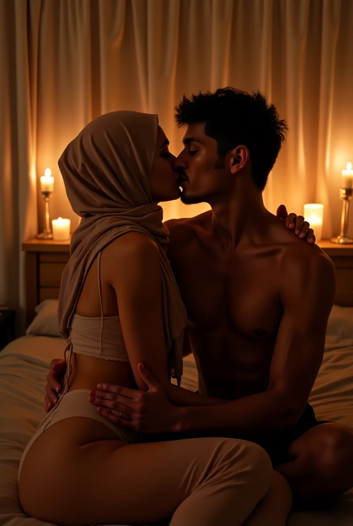 Girl, curvy hourglass body, wearing black hijab tube top, muscular Hindu pandit, kissing in bathtub,