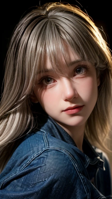 (front focus), ( in the dark :1.6), Surrealist Portrait of David Hockney and Alfonso Mucha, Fantasy Art , photo-realistic, Dynamic Lighting, artstation, poster, volumetric lighting , very detailed face, 4K, Award-winning, 1girl , in the dark , Deep Shadow , low profile, Denim Shooter , (official clothing:1.4), long hair, white hair