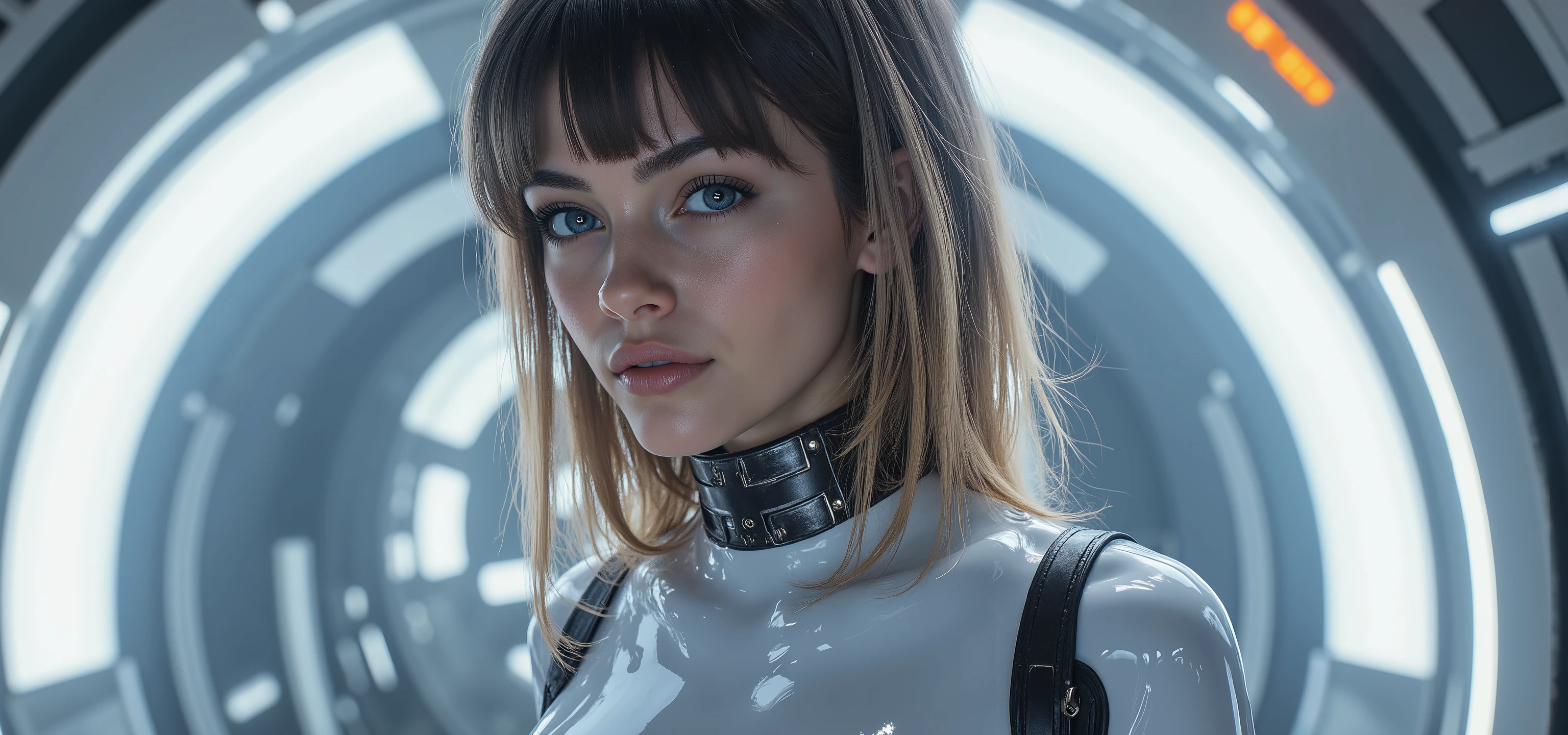 very sharp picture, several beautiful girls,looking at viewer, (( beautiful brazilian model aligned:1.8)),full body view ,(photorealism: 1.4),( hot girl dark brown skin),(complex and realistic skin texture:1.4),dynamic rear view,19years old,insane extremely long blond black hairs fringe, sci-fi,very skinny,very small ass,tight Tight glossy blue white latex combinaison, large cleavage, in a white spaceship ,insane tiny waist and hips,metal large choker, high rise belt, round breast,angelic cute face, white teeth, perfect beauty, perfect eyes render, long eyelashes,large pink lips, (very strong lighting:1.8), hyper realistic and detailed face , blue eyes,(((sharp focus on all bodies:1.8))), 