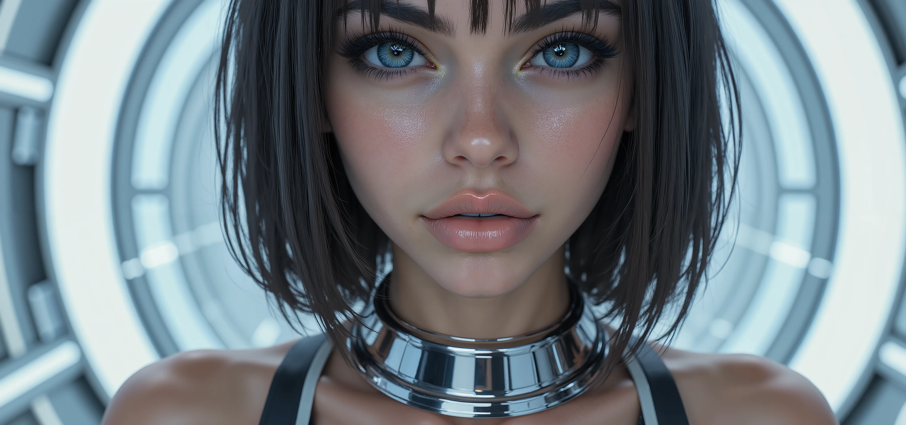 very sharp picture, several beautiful girls,looking at viewer, (( beautiful brazilian model aligned:1.8)),full body view ,(photorealism: 1.4),( hot girl dark brown skin),(complex and realistic skin texture:1.4),dynamic rear view,19years old,insane extremely long blond black hairs fringe, sci-fi,very skinny,very small ass,tight Tight glossy blue white latex combinaison, large cleavage, in a white spaceship ,insane tiny waist and hips,metal large choker, high rise belt, round breast,angelic cute face, white teeth, perfect beauty, perfect eyes render, long eyelashes,large pink lips, (very strong lighting:1.8), hyper realistic and detailed face , blue eyes,(((sharp focus on all bodies:1.8))), 