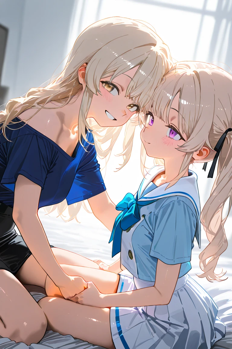 (best quality, 8k, 32k, masterpiece, UHD:1.2), 1girl,white beige hair,gleaming skin,shiny skin,mini skirt,(large blast)),泣き顔, black smoke,beautiful detailed glow,座る,酔っ払う,bed,