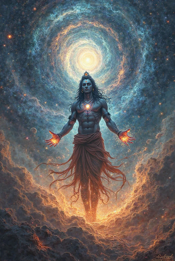 Create a woodcut style image digital art surreal art that depicts a mystical figure with divine characteristics, the figure is one chosen by the gods of spirituality,energy leaving your body, Use a vibrant color palette, including blue, oranges and whites, to create heavenly contrast and a stunning visual effect
