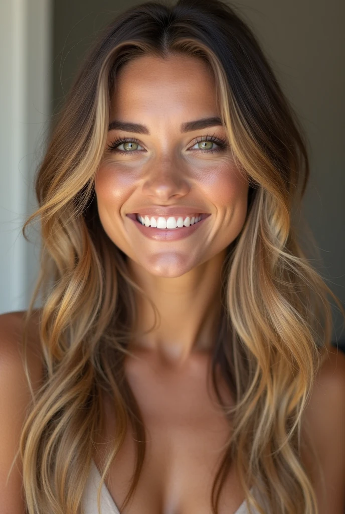 Realistic photo of a beautiful m1l3yc woman, 1girl, solo, long hair, breasts, smile, blonde hair, brown hair, upper body, nude, small breasts, teeth, grin, lips, realistic, hair censor, hair over breasts, soft lighting, professional Photography, Photorealistic, detailed, RAW, analog, sharp focus, 8k, HD, DSLR, high quality, Fujifilm XT3, film grain, award winning, masterpiece