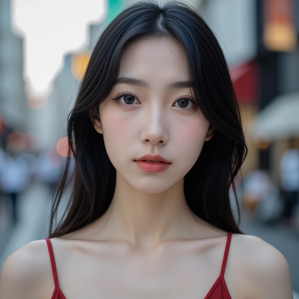 ((Raw Photo, Masterpiece, (((majicMix realistic_v6))), Best Quality, 16 K: 1.2)),((Best quality, 8k, Masterpiece :1.3)), 1girl, smiling, full body, slim face, Pretty woman, (Dark brown hair), (One Shoulder Dress :1.1), Ultra-detailed face, Detailed eyes, Double eyelid, blur background, slim face, city, outside, street,