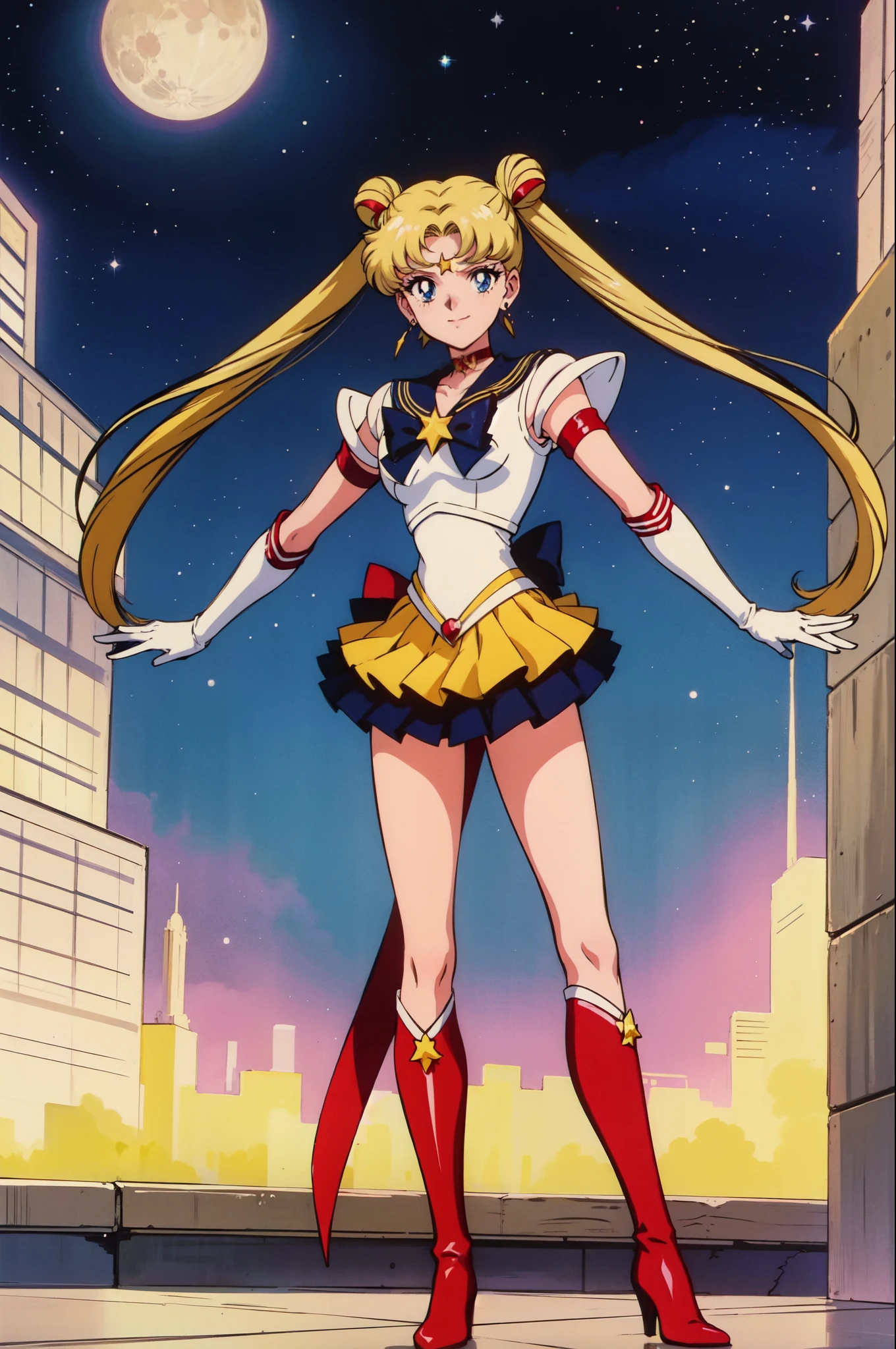 1girl, solo, looking at viewer, EPsmSailorMoon, blonde hair, blue eyes, long hair, very long hair, parted bangs, twintails, hair bun, double bun, miniskirt, choker, bow, crescent earrings, starry sky, knee boots, red choker, white gloves, moon, red bow, sky, magical girl, elbow gloves, star (symbol), closed mouth, earrings, full body, back bow, jewelry, boots, star (sky), sailor senshi uniform, crescent, crescent moon, blue sailor collar, smile, gloves, sailor collar, blue skirt, red footwear, skirt, pleated skirt EPTakeuchiNaokoStyle, 1990s \(style\), anime screencap, retro artstyle, anime coloring, traditional media