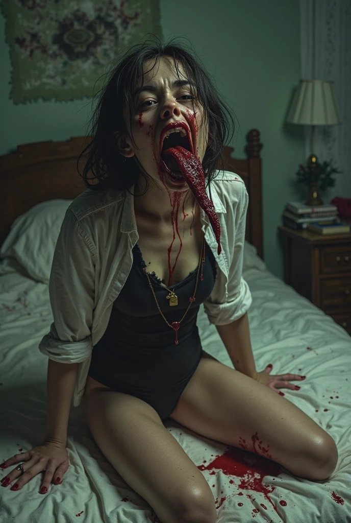 (age 25) a psychotic psyco ex girlfriend (crazy makeup, long messy hair, strappy tattered lingerie, curved lips, smile teeth showing, vibrant enlarged pupils crazy eyes, eyelids fully opened, blood spattered bedroom, blood splattered over body, bood splattered on lingerie,