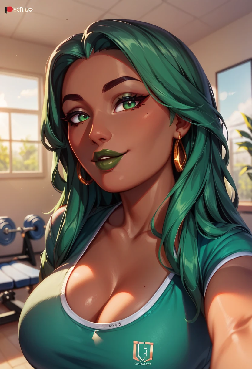 ((best quality)), ((8k)), beautiful woman, ((african skin)), green hair, long hair, black bra, sports underwear, ((bedroom)), green lipstick, black choker, green eyes, portrait, chubby, taking selfie, laying on bed, sensual