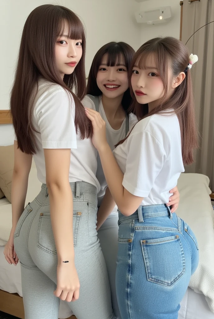 (Assfocus, Through wall, Glory wall pose:1.2), SchoolGirls wearing uniforms with white Thongs, Red ribbon, Glistening ivory skin, name plate, no legwear . Different types of hair colors, (((NOGIZAKA face variations)))  Extremely Detailed very KAWAII face variations, perfect anatomy, Childish, captivating gaze, elaborate detailed Eyes with (sparkling highlights:1.2), long eyelashes、Glossy RED Lips with beautiful details, Coquettish tongue, Rosy cheeks . { (Dynamic joyful expressions) | :d) }, Random eye color, (large eyes:-1), (Acutance:0.85) . Assfocus
