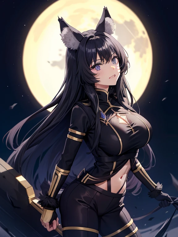 An adult woman, half wolf and dragon, black hair, black wolf ears, black dragon tail, blue eyes, has a collar with a little golden heart, very shy, wide breasts, black and purple dress, holding a sword