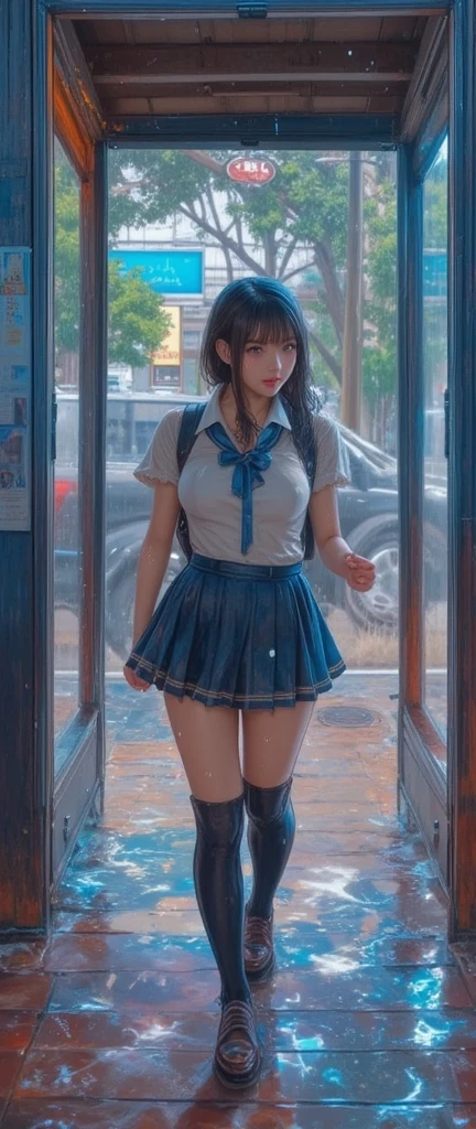 very cute and beautiful girl,(highly detailed beautiful face),(shy smile:1.2),blush,looking at viewer,
black hair,serafuku,(pleated navyblue mini skirt),standing,exposing thighs,holding school bag,
(looking back,from behind),(ascending escalator,from below:1.3),station,building,
(best quality,masterpiece),absurdres,highres,ultra-detailed,extremely detailed,32k,8k resolution,
intricate details,cinematic scene,detailed background,solo,dynamic angle,