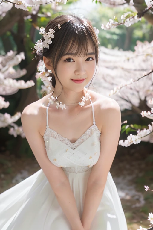 (highest quality, 8k, High resolution, masterpiece:1.5, ), beautiful japanese girl, 18-year-old, perfect human anatomy, big magic eyes, Smile, shiny brown hair, beautiful side ponytail, asymmetrical bangs, smooth and soft skin, white sexy bridal dress, fine silk fabric, Detailed and perfect clavicle, skirt fluttering in the wind, High resolutionの美しい胸元, ((plump breasts)), High resolutionの美しい太もも, (Colorful petals dance across the screen:1.3), beautiful nemophila field, spring sunshine, blue sky, sparkling light effect, professional lighting, professional photographer, professional model
