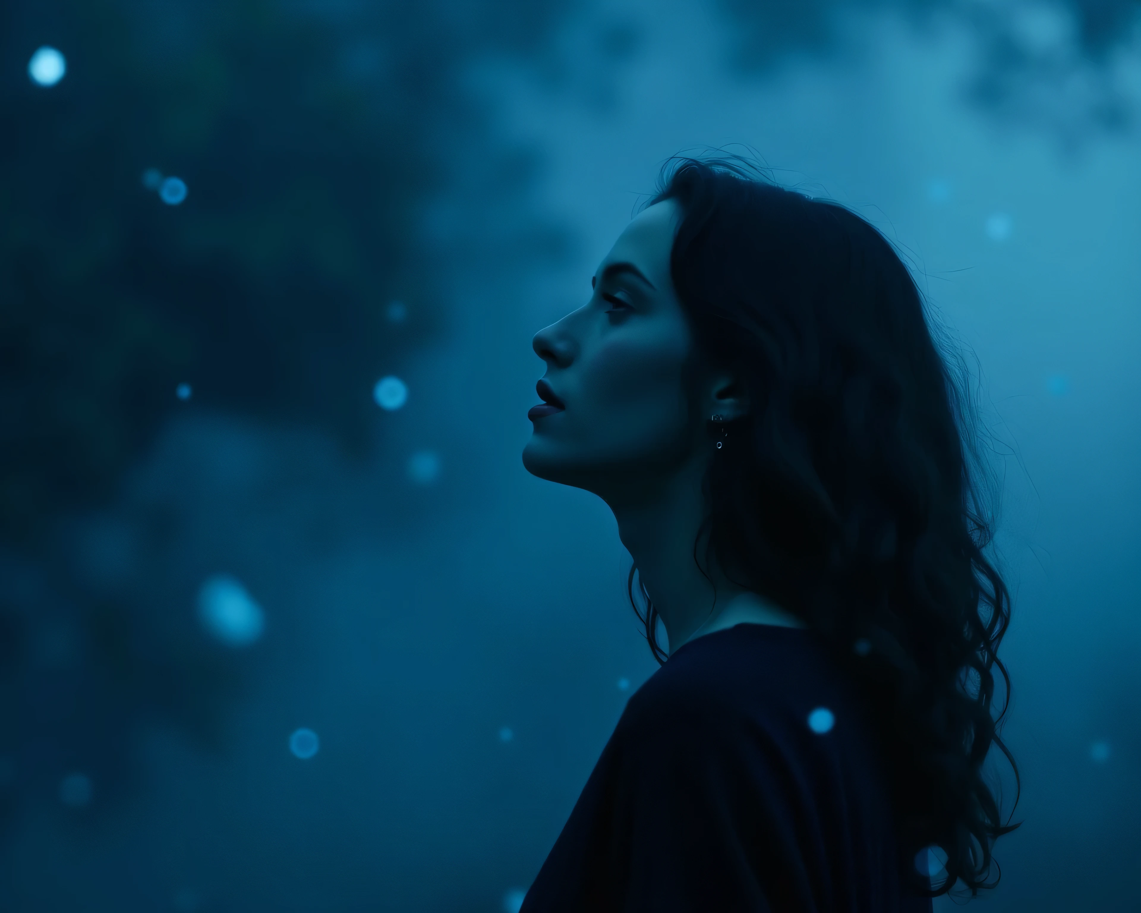 A full body side shot of a woman with dark wavy hair, ((very pale skin)), falling from the sky, cinematic shot, portrait, close up, thick mist, ((((deep dark sapphire blue color)))), at night, darkness, shadow, masterpiece, digitalart, painting, split complementary palette, muted, monochromatic, achromatic, (cinematic artistic composition), best quality, (ancient feel), philosophy, (flickers of floating glowing tiny blue particles), (((digital art style))), brushstrokes,