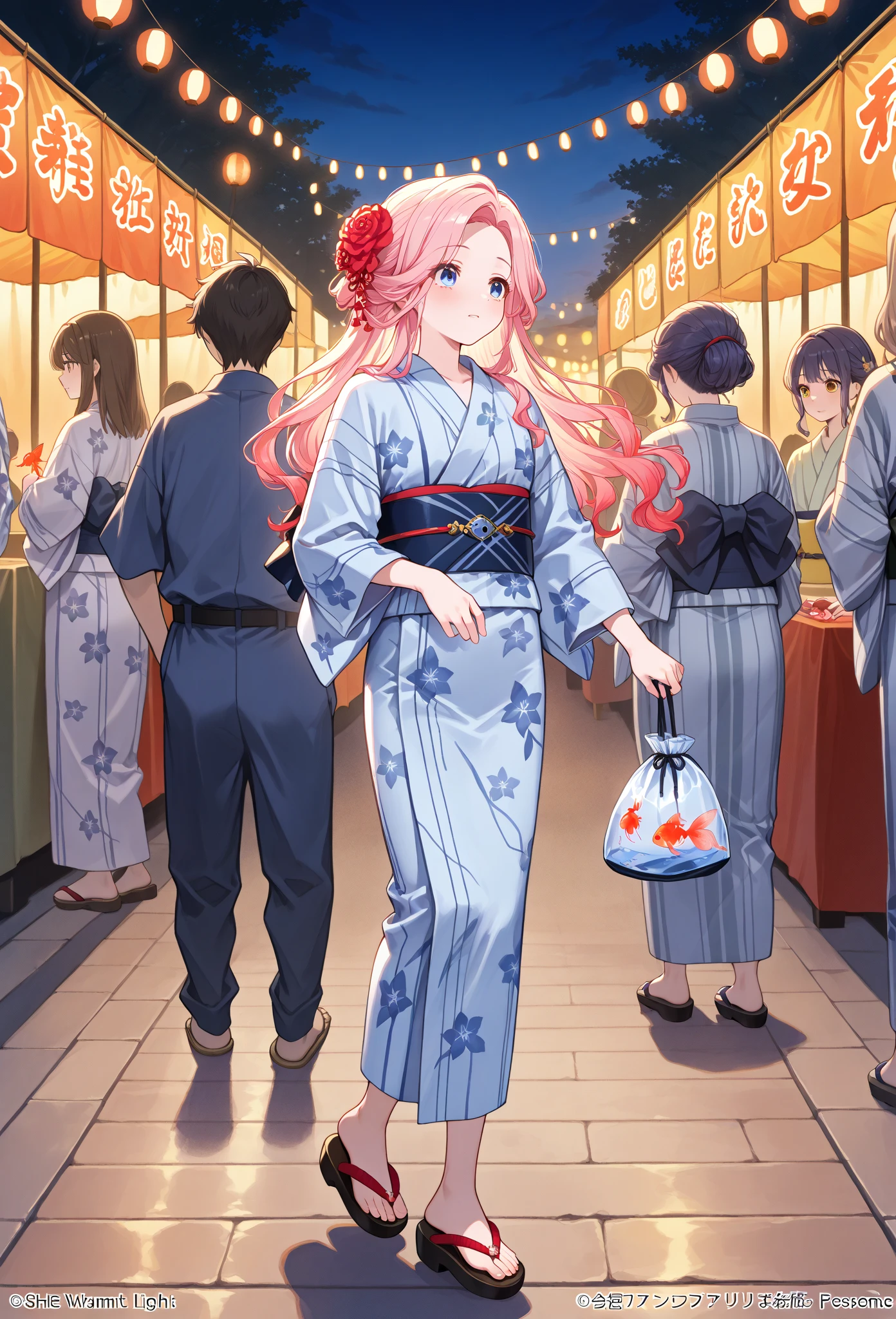 (best quality,4k,8k,highres,masterpiece:1.2),ultra-detailed,(realistic,photorealistic,photo-realistic:1.37),brightly lit lively night market,vibrant colors,festive atmosphere,crowded stalls,enticing aromas,joyful chatter,bustling crowd,happy people,enchanting music,lively street performances,delicious street food,beautifully decorated stalls,authentic local cuisine,aromatic spices,tempting desserts,colorful lanterns,hanging decorations,casually dressed woman,relaxed clothes,comfortable shoes,joyful expression,contented smile,fantasy-like lighting,strategically placed shadows,hustle and bustle,energetic vibe,wafting scents of food,flavorsome snacks,tantalizing street food,tempting aroma,amazing variety of dishes,pleasing symphony of colors,lively market scene,[woman:1.1],[casual clothes:1.1],[carrying snacks:1.1],[joyful expression:1.1]