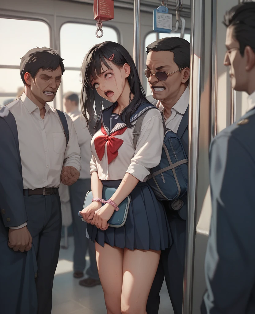 sfv, ((Realistic, Masterpiece)), (Very crowded subway train interior detailed scene), (Very crowded subway train interior detailed background), Stand crazy (Woman 1) Use sexy ((school uniform)), (((lifted skirt))), ((Big ass)), ((Thick)), ((3/4 white stockings)), (Fear expression), Be red in the face, Old skinny old ass touching woman 1 touching woman 1 touching woman from behind 1,(((very old ((Ugly) Skinny) (Old man black), (Poorly dressed) Press the chest against the woman's back 1))) and (((Hold her waist behind you)))