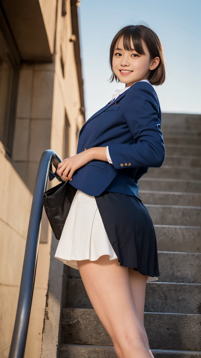 8K, Ultra-high resolution, Highest quality, masterpiece, 三分割法によるphotograph,Surreal, photograph, 1 Girl, (16 years old:1.3), pretty girl, Cute face, Beautiful eyes in every detail, 細かくdetailedに,masterpiece,, One Girl:1.2, Japan Female Announcer、Cowboy Shot,((very small head:1.3)),Center-parted bangs,amount,Black Hair,Short Bob,Long Hair,Iris,Gorgeous eyes,smile,((Toned body,Slender body,skinny)),(school uniform、Dark blue blazer jacket、Navy blue tie、Grey plaid pleated mini skirt,loafers),Glowing Skin,Shiny skin,Climbing the stairs,Fire escape in a building,Back view,Turn around and look at the audience,Beautiful leg line beauty,Captivating thighs,Full of sex appeal,Sensual,屈託のないsmile,Heal the heart,Ultra low angle、beauty,Long neck、Laugh a little、Please close your mouth and laugh、(((Ideal body type))),A cup small breasts :2,、Portraiture:2、Perfect Anatomy、鮮明なdetailed、detailed、Surreal、Light and shadow,Strong light