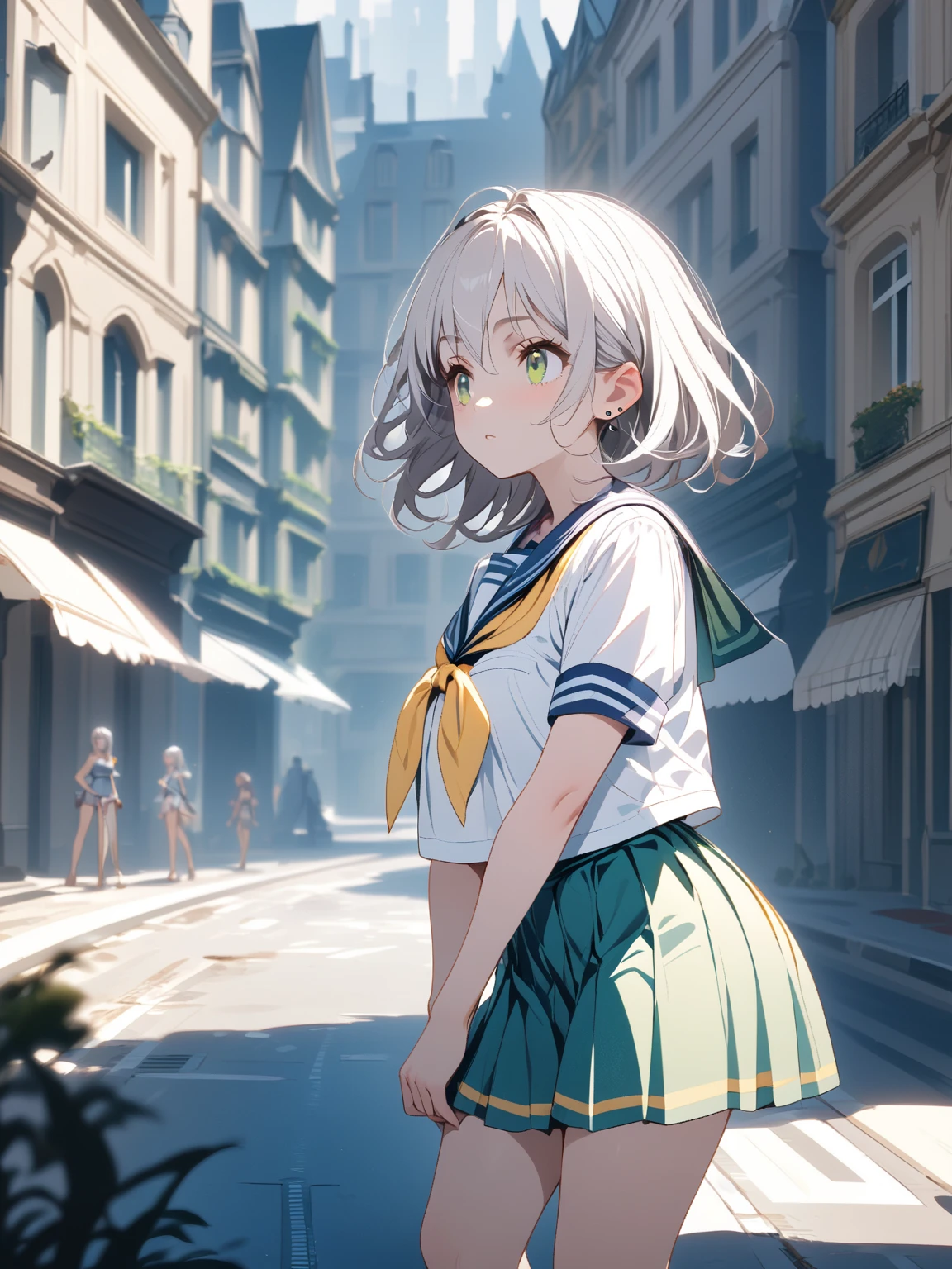 index, index, (Green Eyes:1.5), Silver Hair, Long Hair, (Flat Chest:1.2),smile,blush,Embarrassing,Wet Hair,Wet Skin,Wet clothes,Upper Eyes, uniform(Blue sailor suit),Short sleeve,Yellow pleated skirt,Black pantyhose,Brown Loafers,rain,cloudy,屋根がある建物でrainから隠れる,rain宿り,Puddle,evening,cloudy空,
break looking at viewer, Upper Body, whole body,(Cowboy Shot:1. 5)
break otdoors,In town,Building district,
break (masterpiece:1.2), highest quality, High resolution, unity 8k wallpaper, (figure:0.8), (Beautiful fine details:1.6), Highly detailed face, Perfect lighting, Highly detailed CG, (Perfect hands, Perfect Anatomy),