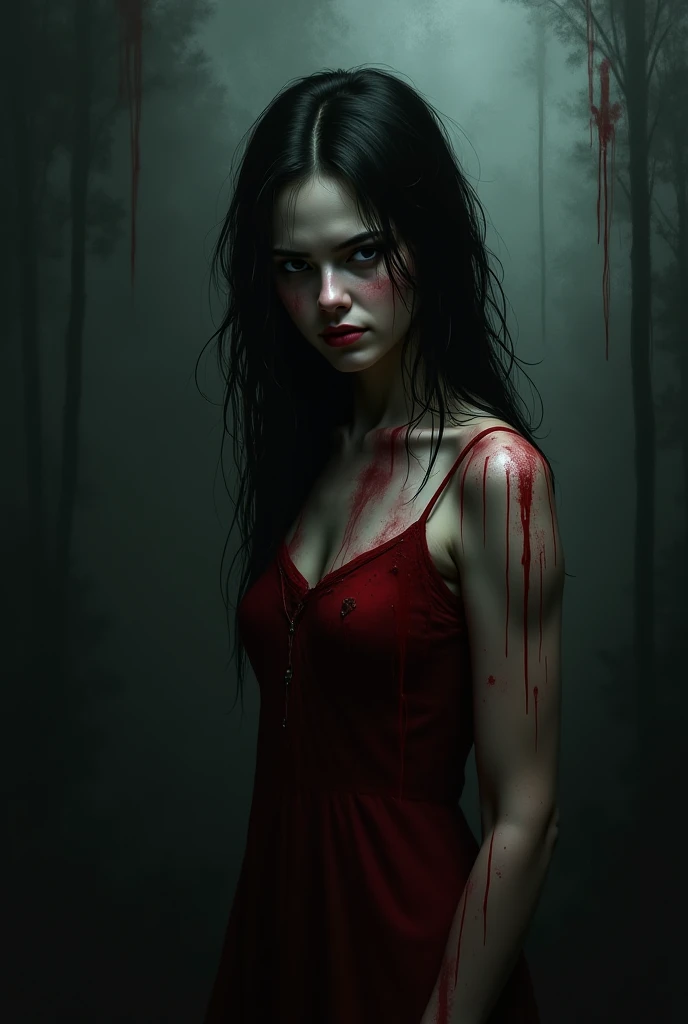 generate a picture of a female who is possesed with a demon and having blood on her clothes i need it for educational purposes