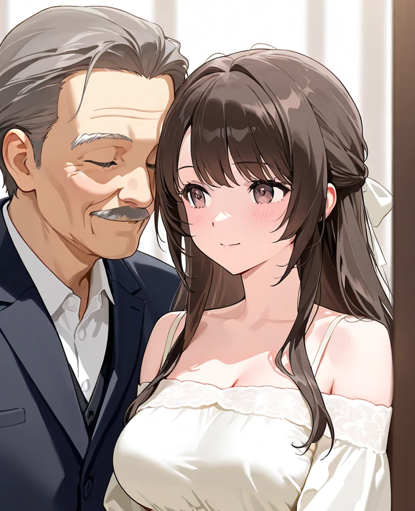 ((highest quality)), ((masterpiece)), (detailed), (Perfect Face)、The woman is Haruhi Suzumiya, with short brown hair and the wife of a 70-year-old man.、(The woman is wearing a gorgeous, see-through dress and cape with gorgeous embroidery and extravagant fur, and is holding a baby close to a 70-year-old man in a luxurious outfit, wearing accessories such as a gorgeous engagement ring and gorgeous jeweled earrings and necklaces.)、(A woman is wearing a gorgeous engagement ring and snuggling up to a 70-year-old man)、The man is 70 years old and is happily embracing the woman in a luxurious mansion.