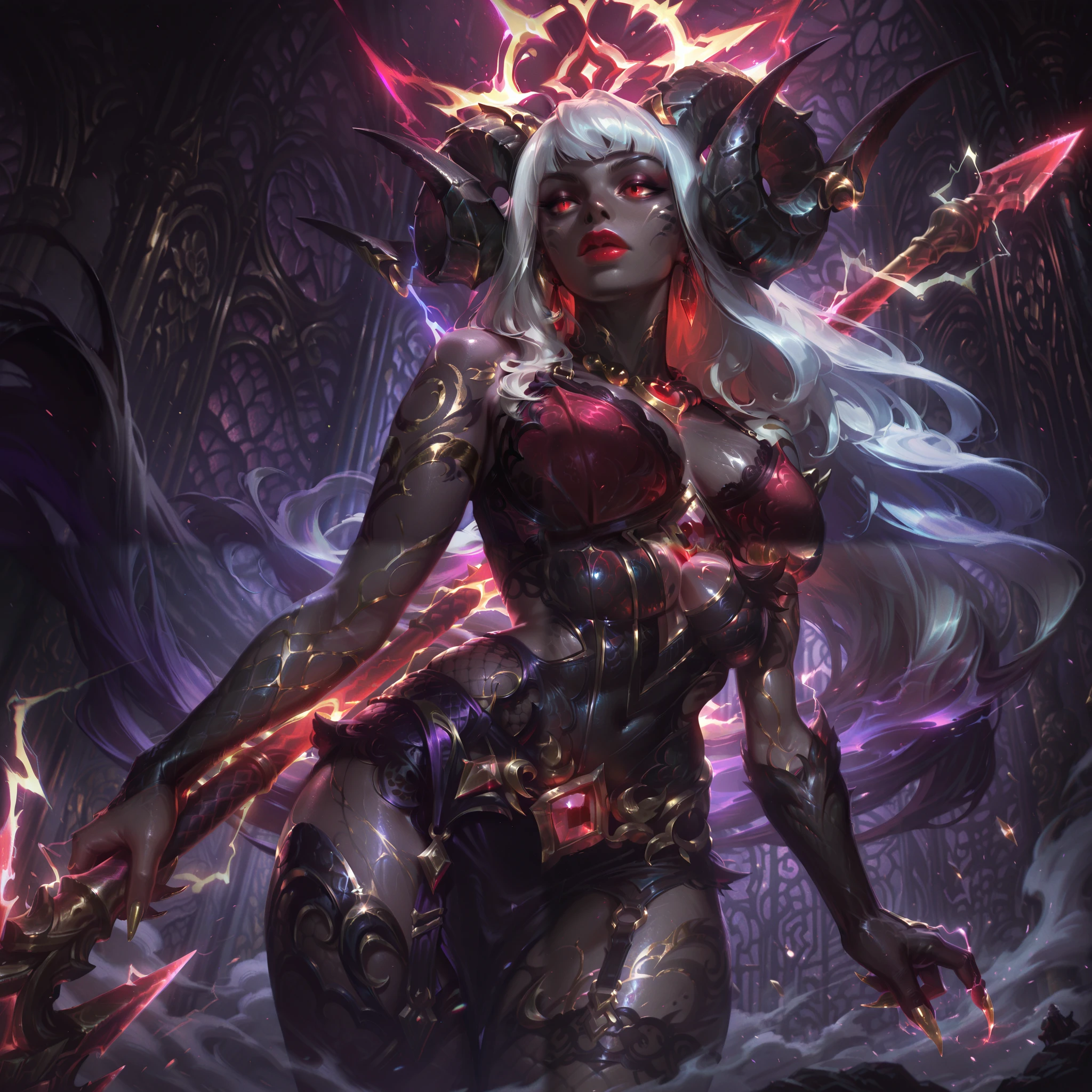 masterwork, masterpiece, best quality, dynamic lighting, game icon, 1girl, dark grey skin, black lizard-scale skin, sheep horns curved, short white hair with bangs, red eyes glowing, puffy glossy red lips, white tattoos swirling, big natural breasts, necklace with gem, yellow polished very long nails, sexy lingerie with lace, fierce pose, glowing red aura, Zeus with lightning bolt raised, Odin with Gungnir spear crossed, Thor with Mjölnir hammer swung, Amaterasu with Yata no Kagami mirror shining, Aphrodite with rose twirling, circular stormy backdrop, crackling lightning, vibrant gold and purple hues, sharp bold outlines, "Mythic Clash" in jagged gold font below.