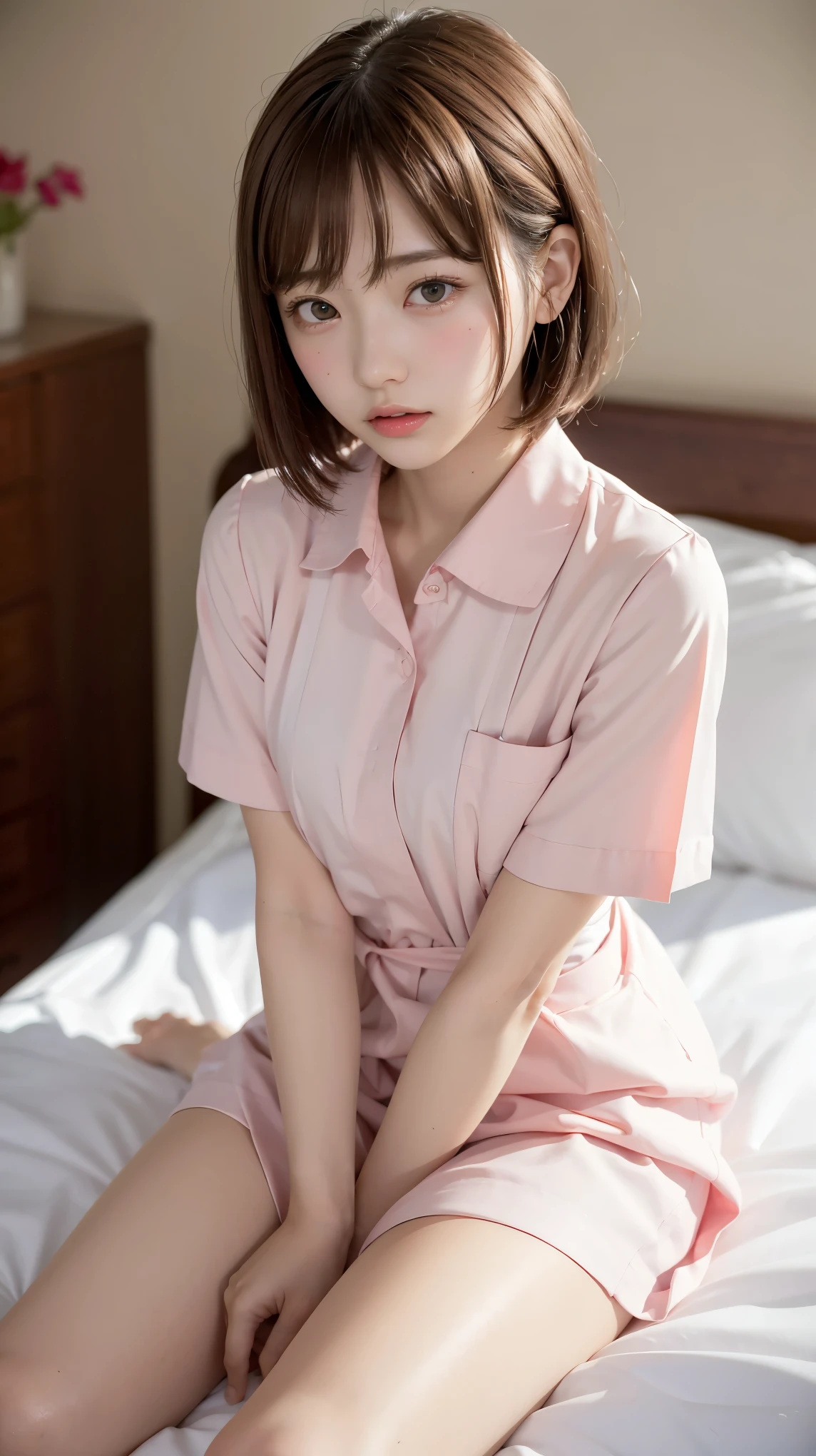 random pose、Japanese high school girl、high school uniform、light pink shirt、lying in bed、、japanese girl、17 year old girl、small breasts、perfect breasts、perfect skin、perfect body shape、bob hair、wet black hair、bangs whorl、colorful、Panty shot、spread your legs、
