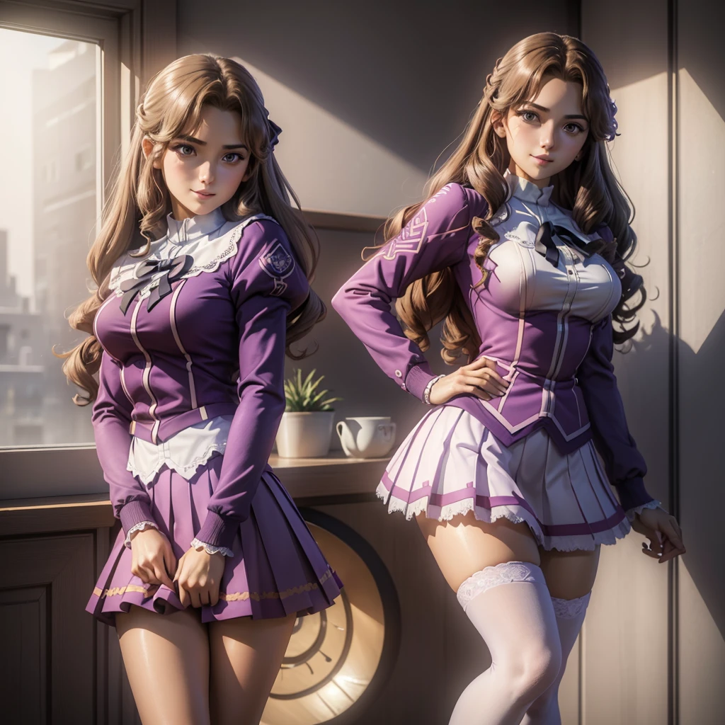 a masterpiece of two identical twin girls with curly brown hair, hazel eyes, and matching school uniforms with sexy lace accents, ribbons, and rainbow short skirts, wearing white thigh-high socks and black high heels, posing together with a seductive smile, flat color background, full body, ultra-detailed, (best quality,4k,8k,highres,masterpiece:1.2),ultra-detailed,(realistic,photorealistic,photo-realistic:1.37)