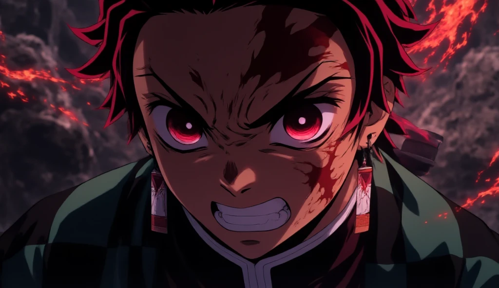 masterpiece, best quality, , 1boy, solo, male focus, looking at viewer, side picture,  depth of field, anime coloring, gajeel_redfox, black hair, red eyes, long hair, piercing, The Valley of the Damned, 12k resolution, full body, black clothes, 