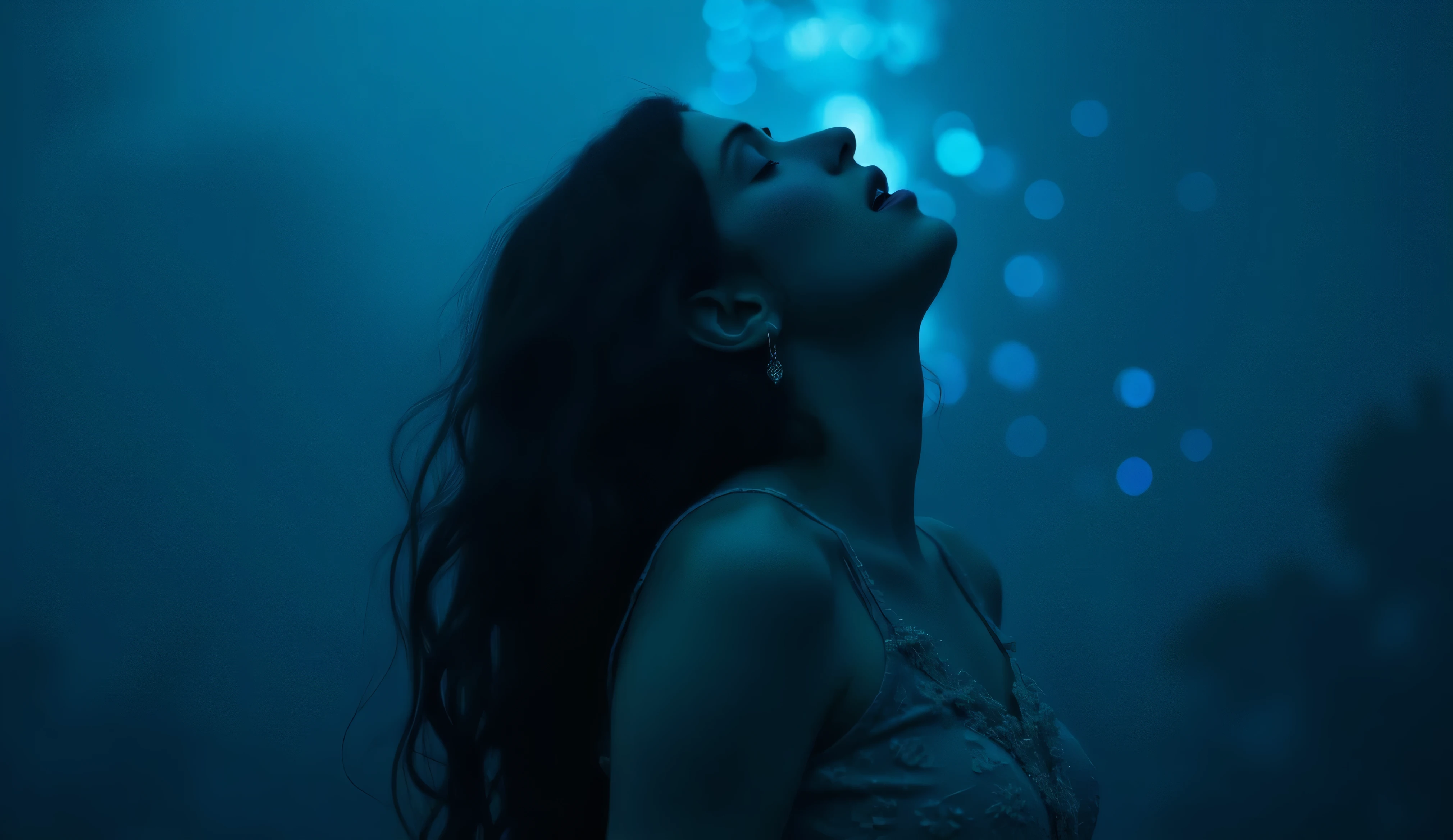 A full body side shot of a woman with dark wavy hair, ((very pale skin)), falling from the sky, cinematic shot, portrait, close up, thick mist, ((((deep dark sapphire blue color)))), at night, darkness, shadow, masterpiece, digitalart, painting, split complementary palette, muted, monochromatic, achromatic, (cinematic artistic composition), best quality, (ancient feel), philosophy, (flickers of floating glowing tiny blue particles), (((digital art style))), brushstrokes,