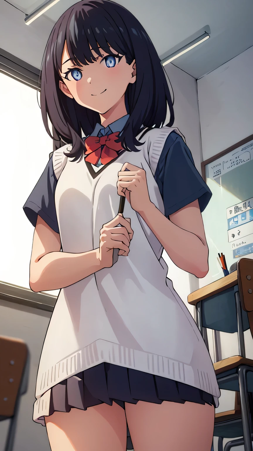{{{masterpiece}}}, (best quality:1.5), (ultra-detailed:1.5), {illustration}, {{an extremely delicate and beautiful}}, (beautiful detailed eyes:1.6), absurdres, highres, extremely detailed face, 16k, hd, visual anime de uma jovem mulher, extremamente bonito rosto de anime, anime melhor garota, (perfect hands, perfect anatomy), anime face, Rikka, rikka takarada(SSSS.Gridman), cute face, 1girl, solo, black hair, medium hair, sidelocks, blue eyes, (High resolution eyes, Beautiful eyes, Light in the eyes), medium breasts, big hips, curvaceous, plump thighs, BREAK, (white vest:1.3), black shirt, short sleeve, black sleeves, collared shirt, red bowtie, orange wrist scrunchie, (black skirt, microskirt, pleated skirt), thighs, red socks, crew socks, BREAK,1girl, cowboy shot, kyoushitsu, classroom, indoors, school chair, school desk, chalkboard, window, ceiling light, curtains, smiling, peer in from below, looking at viewer, daytime, flushed cheeks