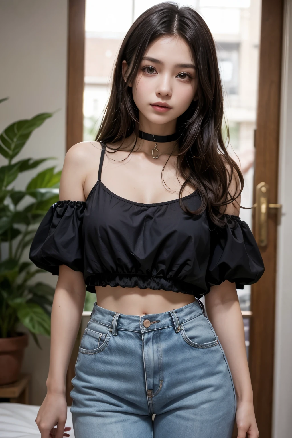 detailed background, masterpiece, best quality, 1 person , curly hair, long hair, purple eyes, star in eye ,  jeans Strapless blouse, long  skirt