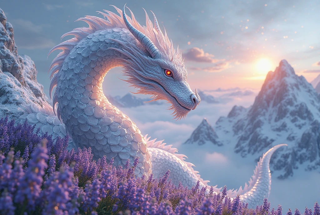 A white dragon flying under a beautiful moon sky, white flowers, pink flower, a lake, tree, forest.
