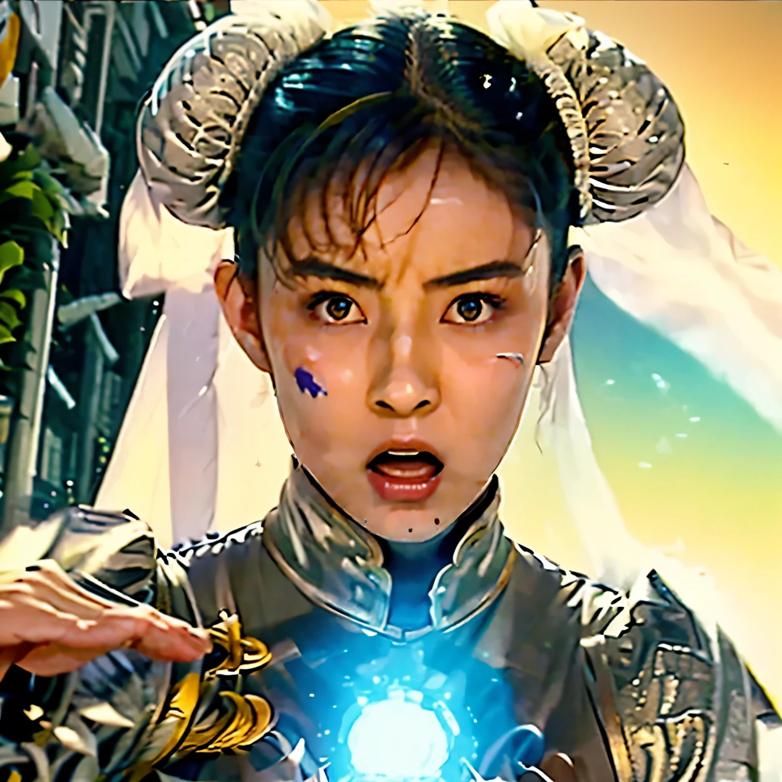 very surprised and surprised expression , surprised when her eyes were wide open , Pubic hair on her ankles , HD, masterpiece, Chunli, Silver Outfit, There is a lot of mud and Bruises on his face , Bruises, stains, Haunted by a sense of defeat, Painful expression , there is a blue glowing energy sphere between her hands