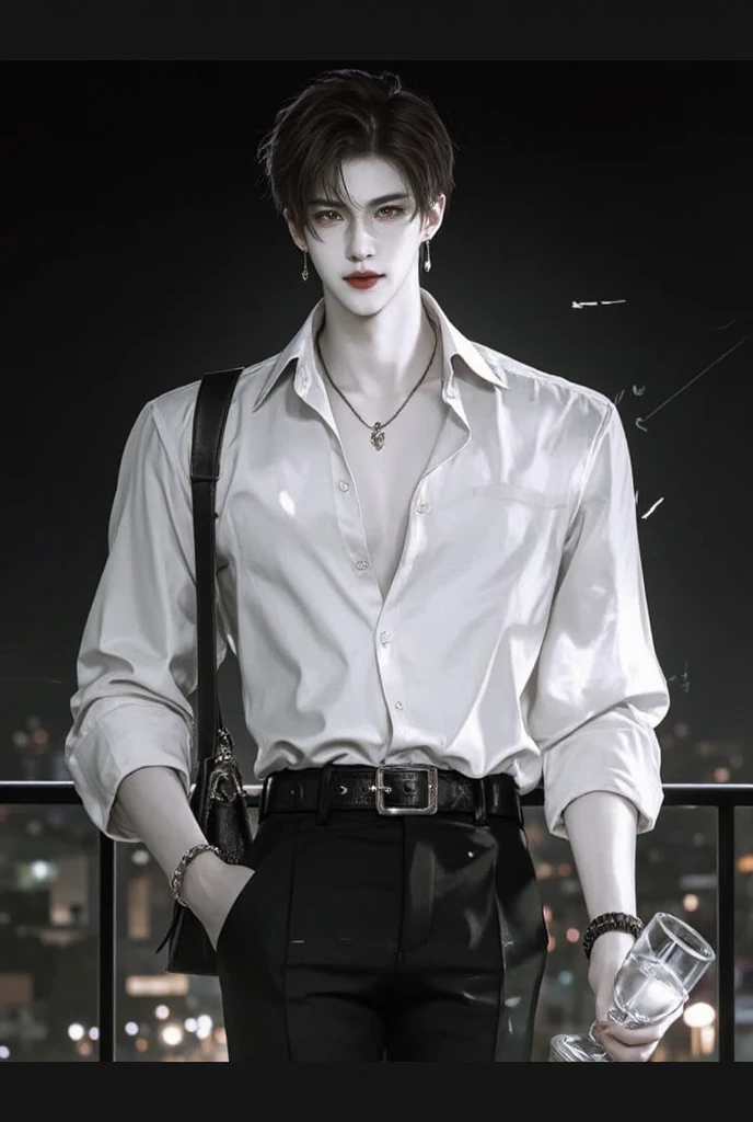 1boy, male_focus, solo, black_hair, shirt, red_eyes, pectoral_cleavage, white_shirt, partially_unbuttoned, black_vest, pants, pectorals, suspenders, vest, black_pants, short_hair, long_sleeves, outdoor_background, outdoor_background, gloves, collared_shirt, unbuttoned, navel, collarbone, black_gloves