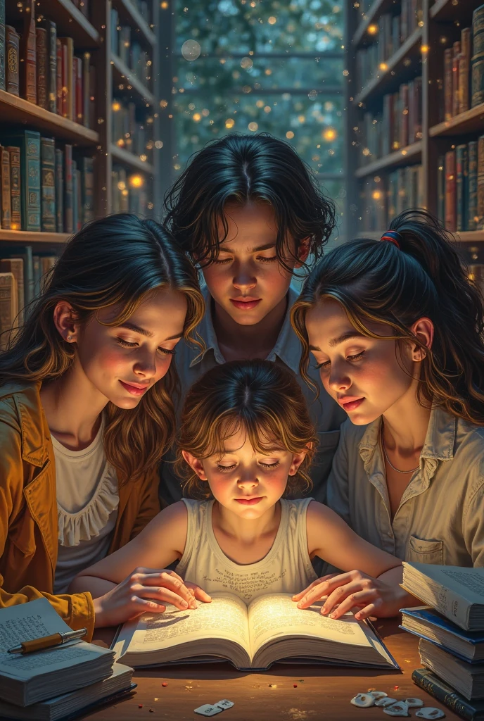 Here is the detailed description for the image:

**fund:** cerulean.



**Personagens:**
1. **naughty girl (downtown):** an 18-year-old girl, with very dark hair, skin fair, dark eyes and freckles. She holds a witch book in her hand and is looking at the boy on the right 2. **Child boy (Left):** A boy wearing a blue plaid shirt and a cap. He has black hair and white skin. He holds a notebook and a pen in his hand, and is looking at the center.
3. **Child boy (desna):** A boy with light brown hair and light eyes, looking to the right 
