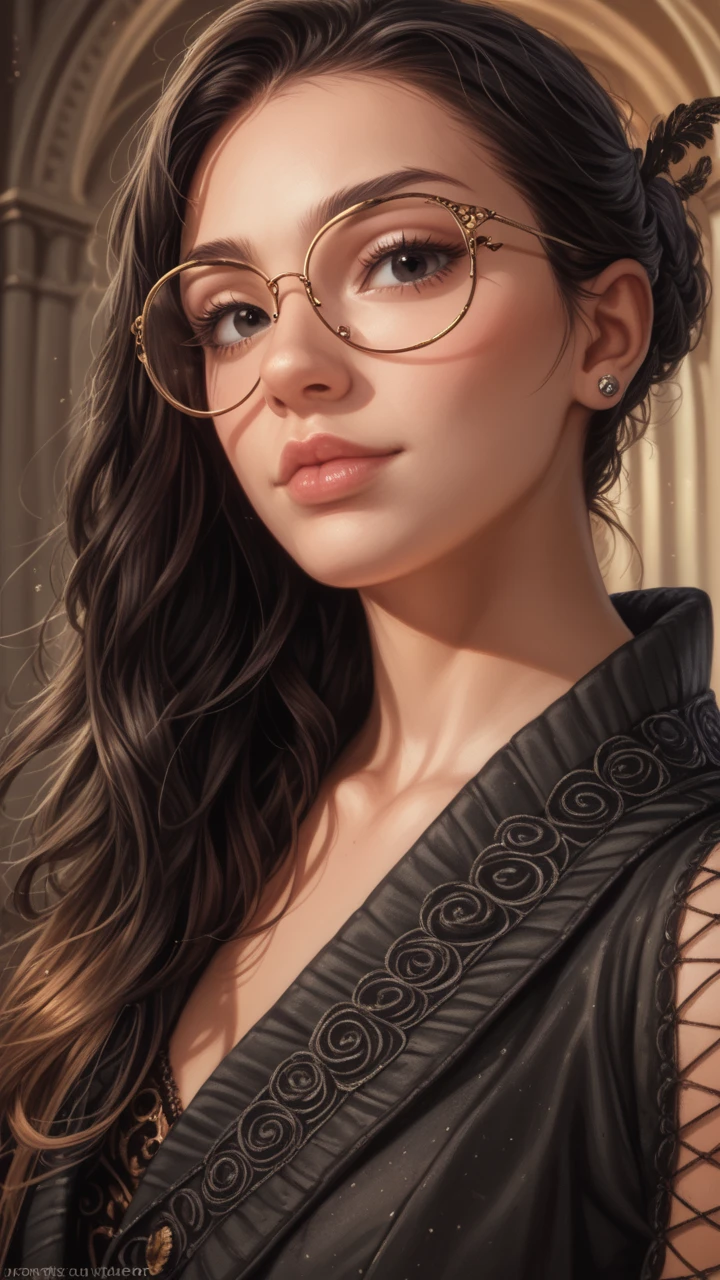 Generate me a woman of Latin American Asian origin and with an elegant watch with a significant necklace with hair between warm brown and light brown hair with a long card and a gradient of the eyes between a beautiful deep or an emerald green with glasses with an elegant frame of round shape in gold metal with a piercing in the earlobe and cartilage