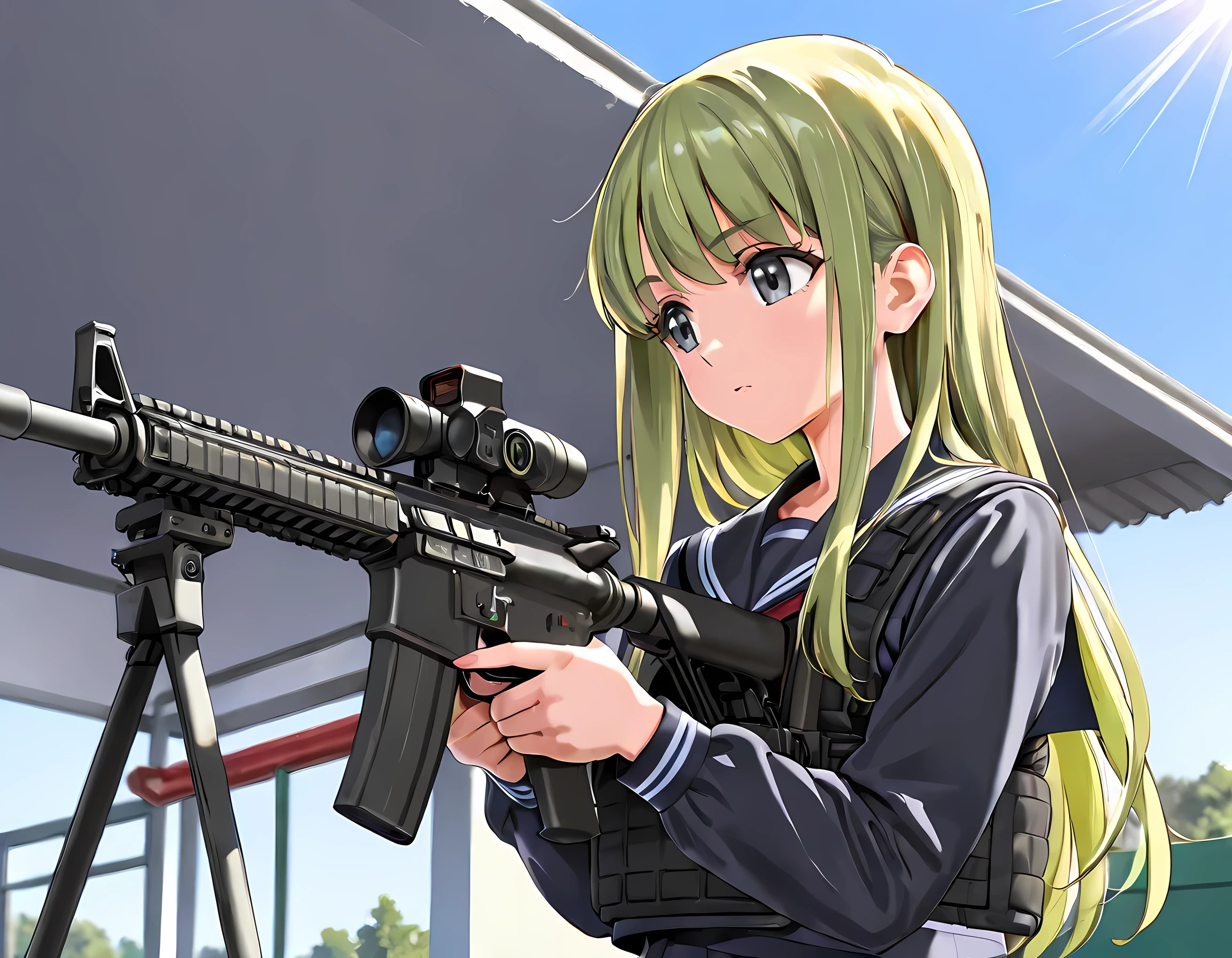 masterpiece, best quality, 8K, high detailed, vector illustration, detailed beautiful face, (yd\(orange maru\):0.9), (reizei\(cyclone\):0.6), (ame\(uten cancel\):0.6), school uniform, JK, Cinematic Girls With Guns Style, upper body, sunlight, clear sky, At the school's outdoor shooting range,A high school girl with an M4 rifle is being taught how to shoot by a student instructor standing next to her, the instructor girl has medium-long yellow-green hair and yellow-green eyes, and wears a long-sleeved black sailor uniform with a khaki ballistic vest, The other high school girl has short, twin-tailed chestnut hair and gray eyes, is wearing a long-sleeved black sailor uniform, a black tactical vest, and is holding an M4 rifle, There is a shooting stand set up in the shooting range, and students from the same school are shooting there, The two high school girls are trying to avoid making any mistakes with serious expressions on their faces