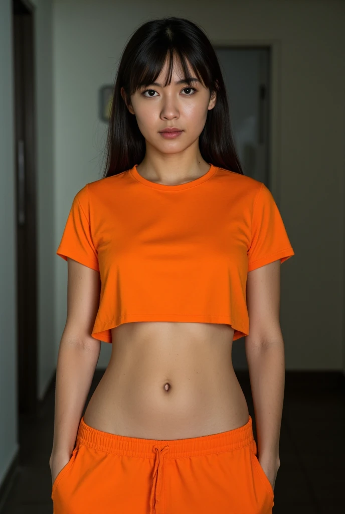 Foto hiperrealista en primer plano de Adriana Lima, masterpiece, best quality, (photorealistic:1.4), full body, (orange t-shirt dress:1.2) and (orange panties:1.2), hall, wooden floor, cinematic light, beautiful woman, skinny, medium breasts, black short hair (bob short hair:1.2), detailed face, smile, facing the camera, photo taken from a distance, age of 16 years old