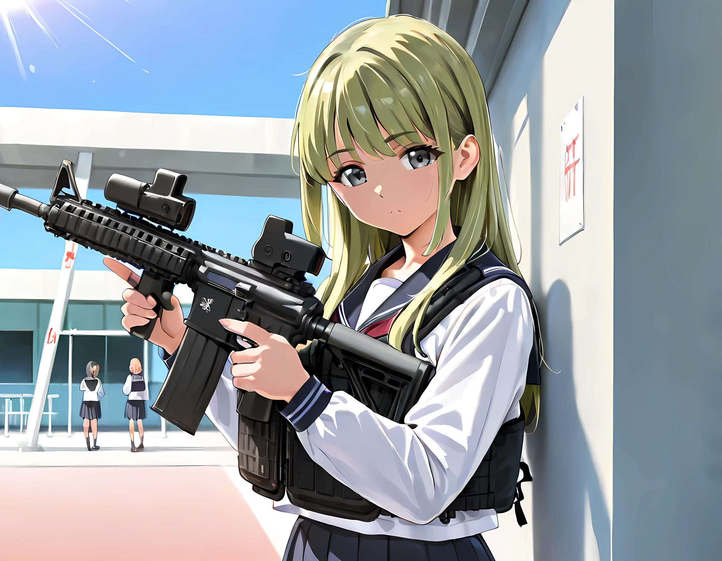 masterpiece, best quality, 8K, high detailed, vector illustration, detailed beautiful face, (yd\(orange maru\):0.9), (reizei\(cyclone\):0.6), (ame\(uten cancel\):0.6), school uniform, JK, Cinematic Girls With Guns Style, upper body, sunlight, clear sky, At the school's outdoor shooting range,A high school girl with an M4 rifle is being taught how to shoot by a student instructor standing next to her, the instructor girl has medium-long yellow-green hair and yellow-green eyes, and wears a long-sleeved black sailor uniform with a khaki ballistic vest, The other high school girl has short, twin-tailed chestnut hair and gray eyes, is wearing a long-sleeved black sailor uniform, a black tactical vest, and is holding an M4 rifle, There is a shooting stand set up in the shooting range, and students from the same school are shooting there, The two high school girls are trying to avoid making any mistakes with serious expressions on their faces