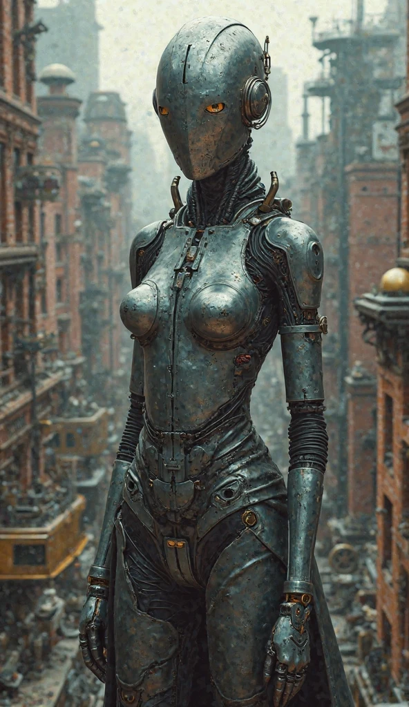 circa 1910, full body, (action, action shot, dynamic angle, full body, dynamic pose:1.3), <lora:Belle_Epoque_Dresses_1880-1914_XL:0.7> 1905_dr3ss, wet, steaming, female terminator (robot:0.3), (face made of metal, glowing eyes, neck gears and joints:1.2) sexy body shape, clothed, (wearing feminine velvet dress and jacket with buttons and piping, white pleated shirtwaist blouse:1.1), (wide brim antenna dish hat with flowers:1.3), running after terrified male victim in crowded Victorian street, bloodbath, (large breasts:1.1), slim waist, slim hips, sword, holding sword, <lora:Roboticizer:1> Roboticizer, terrified onlookers in background, rainy overcast day, crowds, motion blur, slow shutter, perspective, foreshortening, depth of field
