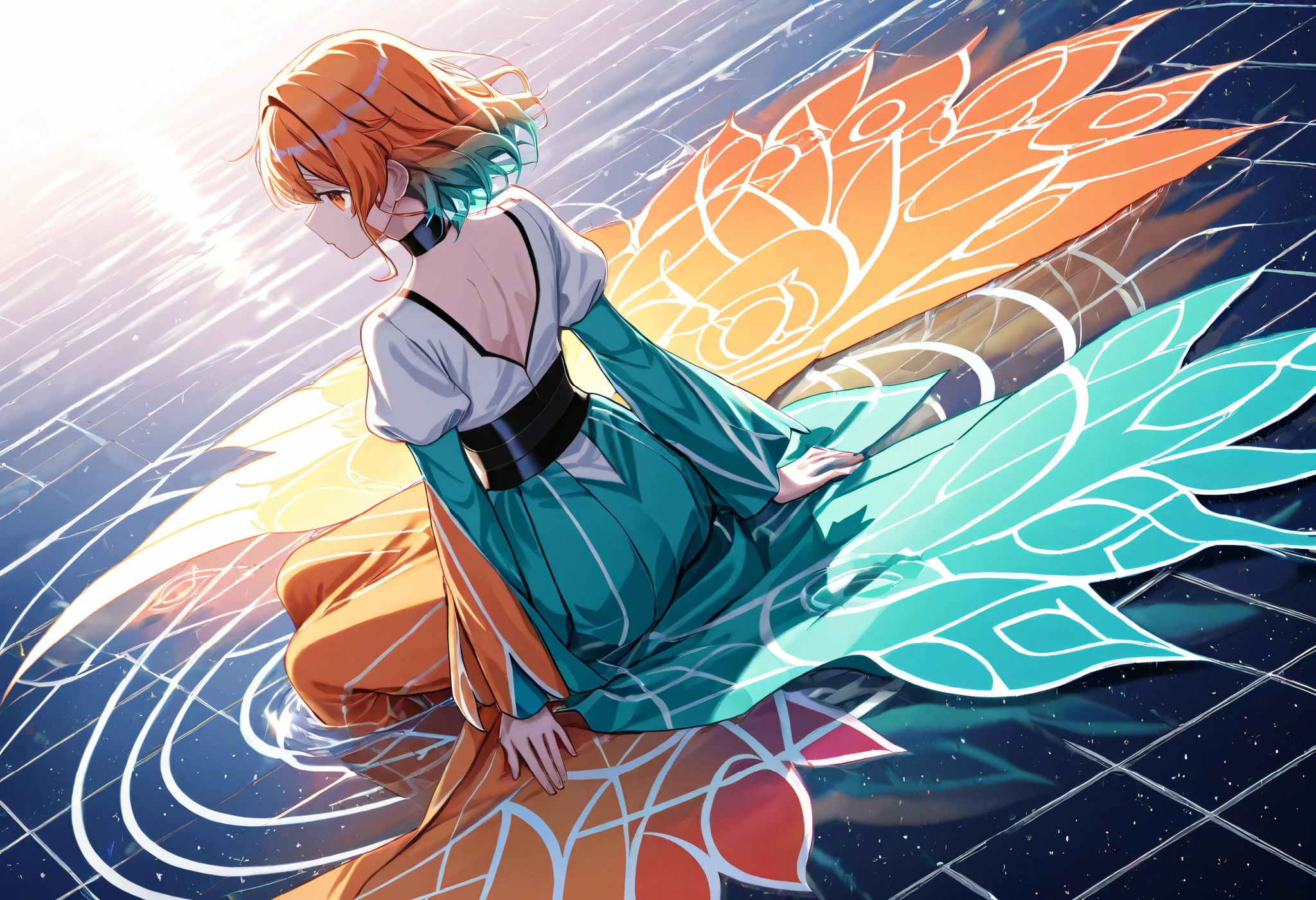 An artistic anime girl illustration with fragmented geometric patterns, vibrant colors like orange and teal, sitting on a simple white reflective surface, minimalistic and conceptual design. --ar 3:4 --style raw --profile --stylize 300 --niji 6