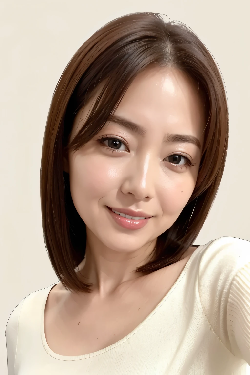 (Highest quality、table top、8k、best image quality、 Award-winning work )、( 50 year old mature woman:1.1)、( Selfies:1.5)、(big breasts:1.1)、full of maternal love、The most graceful and elegant woman 、A slight smile、A very graceful and tight knitted sweater、 highlight body line 、(most simple cream background:1.5)、(face close-up:1.2)、accurate anatomy、( Super bright and radiant skin :1.2)