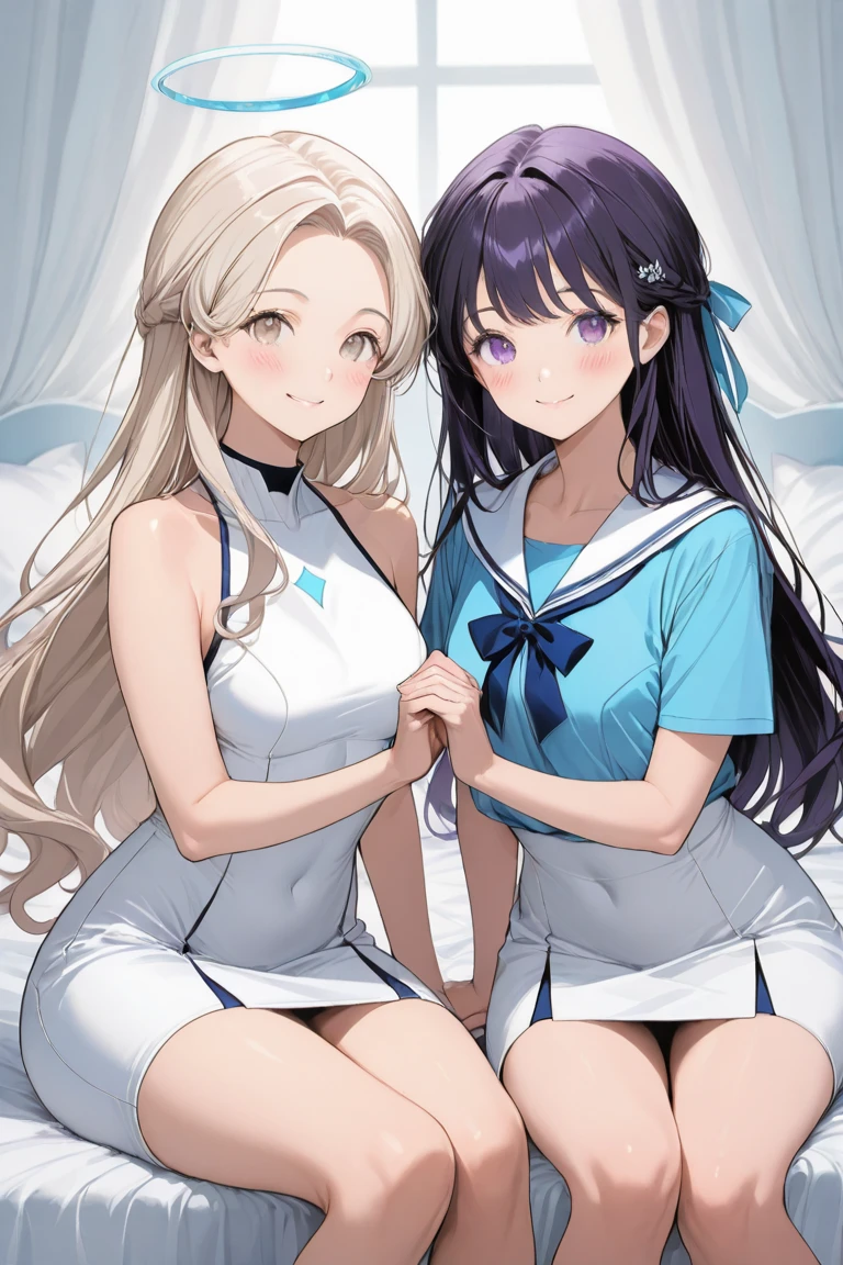 Plain white with emphasis on breastsＴshirt、Ultramarine and white striped mini skirt、When you lift up her skirt you can see her cute white frilly underwear.、barefoot、Three girls of different heights Magical girl with a magic wand Futon