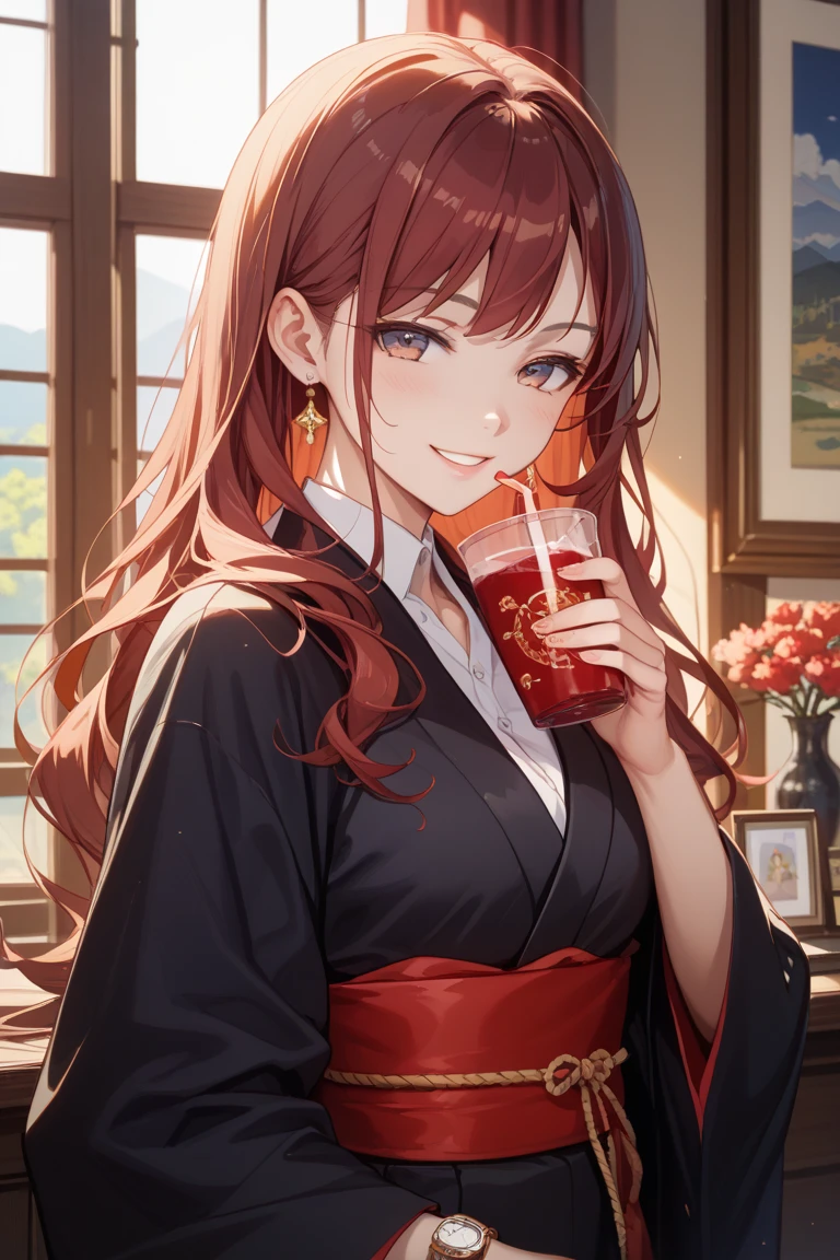 ((masterpiece, Highest quality)), (One girl), (alone)、drink alcohol、drinking、Place it small in the center so that it doesn't get cut off.、Older sister in her late 20s, Red Hair、Plum blossom accessories、Red kimono、White background、Red medium bob hair、Red eyes、Holding a rocks glass and drinking alcohol、Drink plum wine