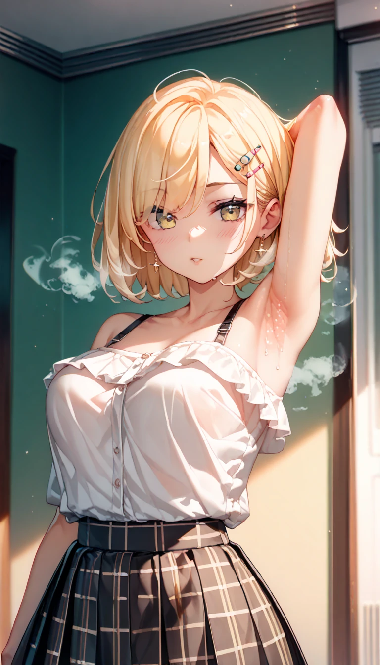 ((masterpiece, best quality;1.3)), ultra detailed, 8k unity wallpapers, CG, ray tracing, illustration, colorful, cinematic shadow, extremely detailed and beautiful background,vhd, shadering VRay,RT, 1girl, age, petite, loliush, solo, blue eyes, blush, (blonde hair), (medium hair), large breasts, slim waist, white glowing skin, highly detailed beautiful face, beautiful face, beautiful eyes, (talented Lo-Fi:1.3), naked, sexy, lewd, (white camisole), underboob, (white thong), indoors, close-up, glowing, glowing light, ultra detailed, scenic, atmospheric