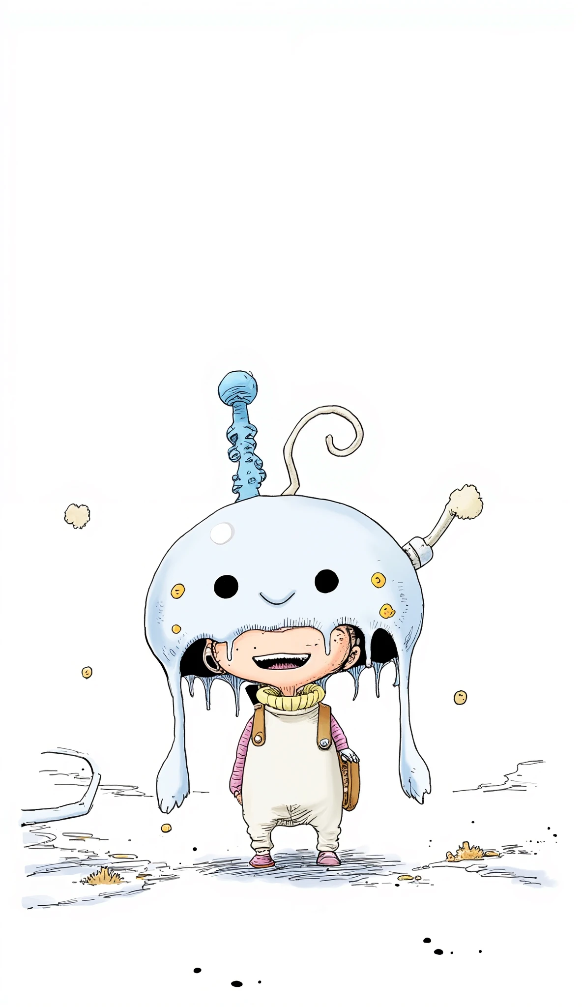girl、background is stark white、on3pi3c3styl3、ground、pastel collar、Perfect piece、high quality、32K、Alone、alone、Semi-realistic、( full shot without being short:1.6)、cartoon dress character design、detailed illustration、Fine Lines、 nice smile、shame、Portrait、Hoimi Slime、monster、A jellyfish-like creature