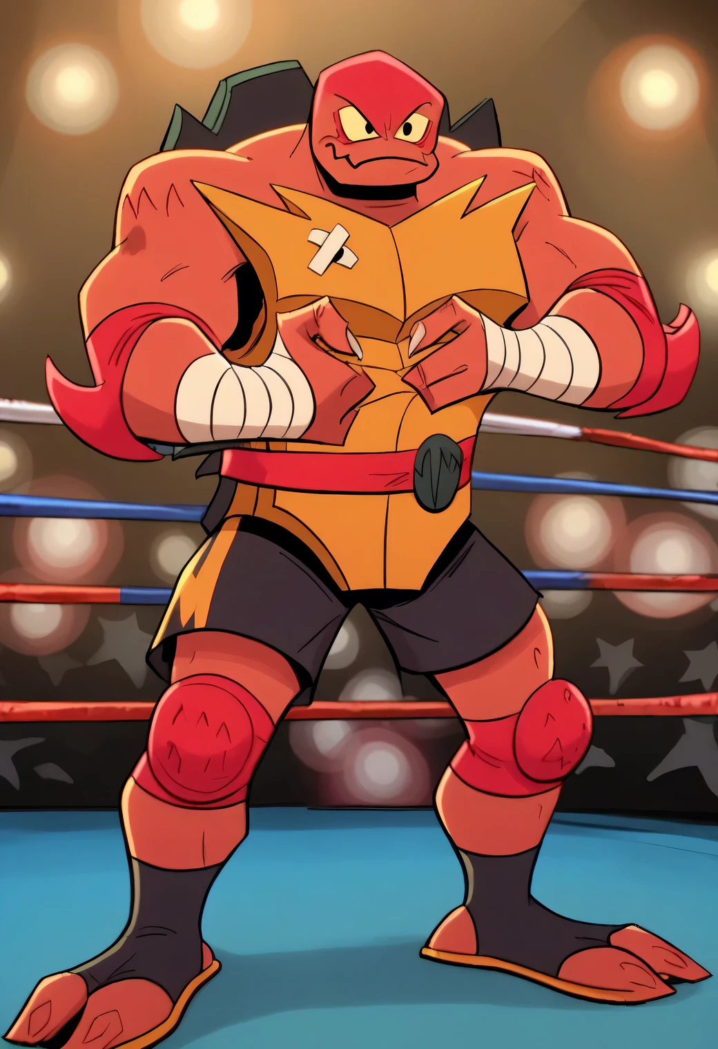 Cartoon lobster dressed like WWE wrestler Bobby Lashley.

Cartoon lobster body. Cartoon lobster head. Cartoon lobster face. Cartoon lobster arms. Cartoon lobster claws.

Bold. Muscular.

Black headband. Red wrist tape. Red elbow pads. Black shorts. Black kneepads. Black wrestling boots.

Standing with arms crossed in a wrestling ring..
